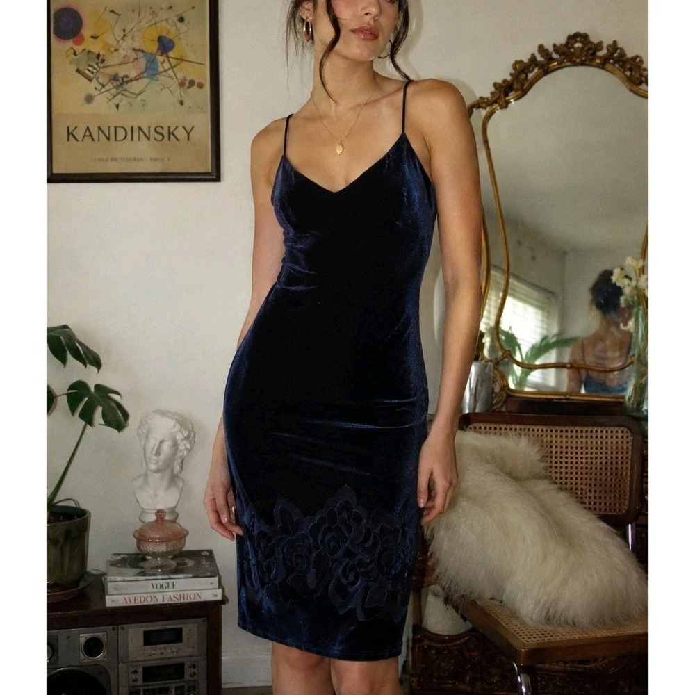 Vintage Love Culture Velvet Slip Dress Floral Applique Navy Blue M USA